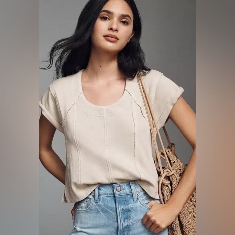 Pilcro Short-Sleeve Seamed Sweatshirt Cream Top Size Large